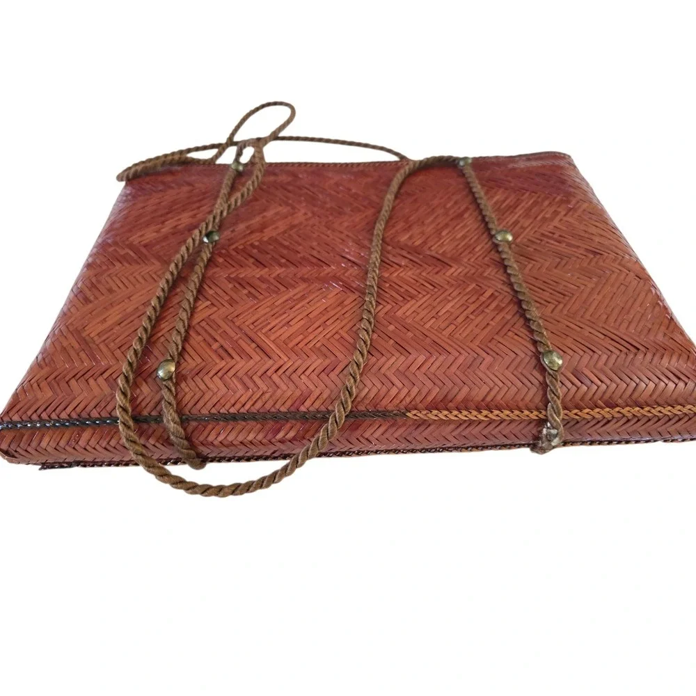 70s Vintage Woven Straw Purse Rope Shoulder Straps Brown‎